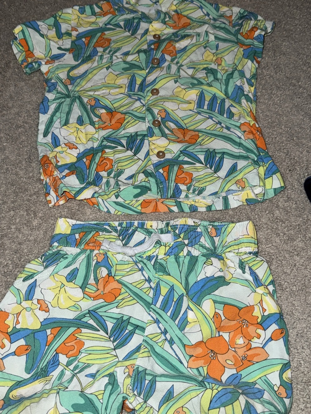 Tropical Floral Button-Up Two-Piece Set - Green & Orange